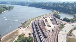 MULTIPLE RAILYARD VIEWS ALONG THE MISSISSIPPI RIVER! CPKC, CN, BNSF, AND UNION PACIFIC! DRONE ACTION