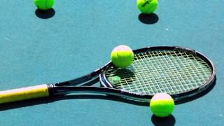 Slow Motion Wilson Tennis Balls Bounce Hitting Racket Racquet on Hard Court Surface in HD Video View