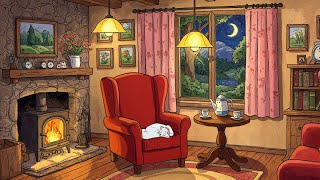 peaceful night in a 1950s cozy cottage with oldies playing in another room for relaxation
