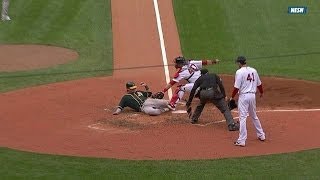 OAK@BOS: Umpires review play at the plate in 3rd