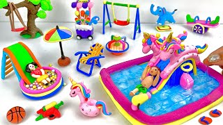 DIY How to make miniature polymer clay playground set swing, slide, swimming pool, Ice Cream Cart