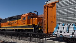 Early BNSF SB Autorack with BNSF 172 GP60 trailing passing Santa Ana Station!