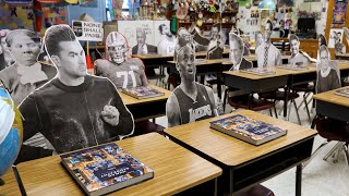 Cutouts of national figures attend Lafayette class while students learn from home