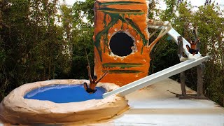 Build Mud House With Water Slide Around House And Build Big Swimming Pool (MIni Primitive Building)