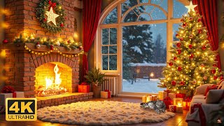 Peaceful Christmas Music 🎄🔥 Cozy Log Cabin Ambience with Fireplace & Christmas Tree Lights