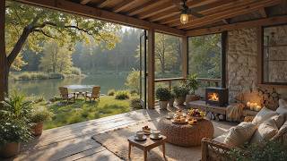 Relaxing Piano Music on a Lakeside Cabin for a Peaceful Morning 🌿Summer Morning Piano & Fireplace