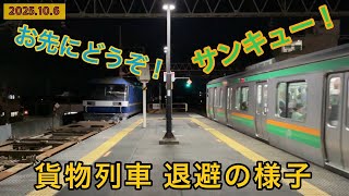 電車に線路を譲る！古河駅でのEF210貨物列車の退避の様子