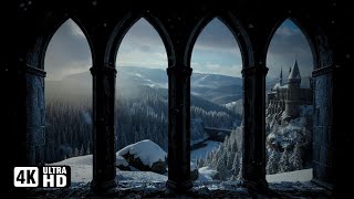 4K Winter Medieval Castle Window View – Peaceful Cozy Hogwarts Snowfall Ambience for Focus & Sleep