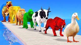 Paint Animals Duck Cartoon,Cow,Tiger,Elephant,Gorilla,T Rex Wild Animals Crossing Fountain Animation
