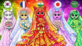 Sprunki Brides France, Korea, Japan, India & Arabic Glow Up in Wedding Dress |DIY Fashion Paper Doll