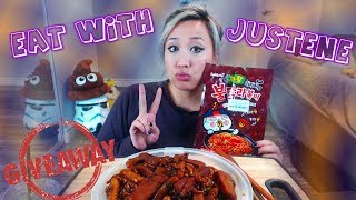 GIVEAWAY! Samyang Spicy JJajang Ra-bokki (Ramen noodles + tteokbokki) w/ Spam | mukbang