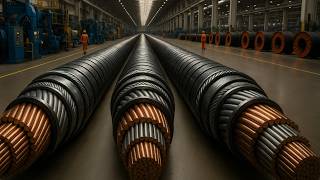 High-Voltage Cable Built for 120 kV—Tower, Triple Extrusion. Industrial Manufacturing Documentary.