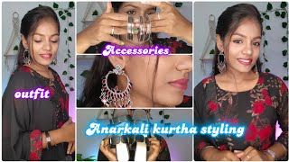 Everyday college/work Anarkali Kurthi styling/Outfit+ Makeup+accesories ✨