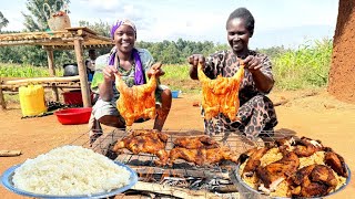 Village Christmas Feast 🎄 | African Mum Grills Juicy Whole Chicken & Serves Rice for Her Family ❤️🍗