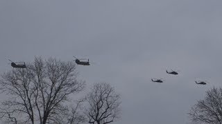 Black Hawk / Apache / Chinook military helicopter flyover (Super Bowl preperation)