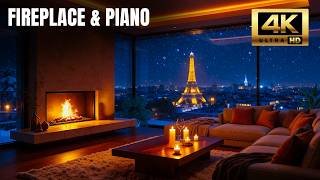 Paris Snowfall & Fireplace Ambience – 8 Hour Relaxing Music (4K)