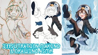 Penguin Hoodie Girl on Ice: ASMR Ball-Point Sketch → Full Digital Paint-Over