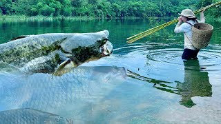 Traditional Fishing Skills - Single Mother Catches Giant Fish in the Deep, Scary River