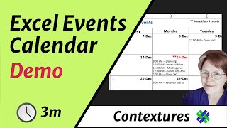 Excel Calendar Shows Daily Meetings & Events