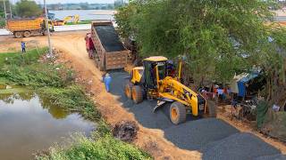 So Small Road Construction In Village Ushing Motor Grader Spreading & Cutting Gravel Building Road