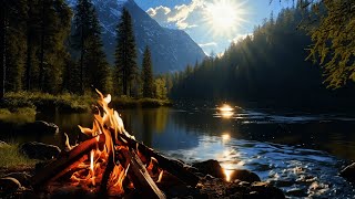Autumn Forest Sunset 🍁🔥 With Relaxing River Sounds & Crackling Campfire ASMR 4K