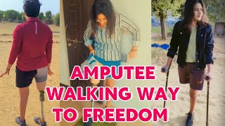 Amputee lady adaptive crutches user | exploring mobility freedom activities 