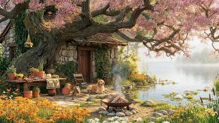 Cherry Blossom Lake Cottage Ambience • 24 Hours of Peaceful Music & Campfire Sounds