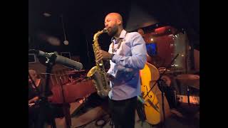 Aaron Bazzell (USA) on sax performing live at the Blue Room, 26 August 2023.