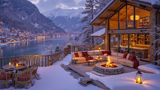 Relaxing Jazz at Snowy Mountain Café❄️Cozy Terrace Ambience & Warm Firelight for Calm Winter Nights