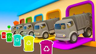 Garbage trucks are sent out to search for colorful trash containers to take away for recycling.