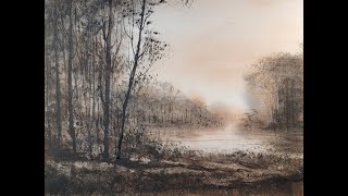 Time Lapse Tonalist Landscape Painting Lamp Black and Burnt Sienna