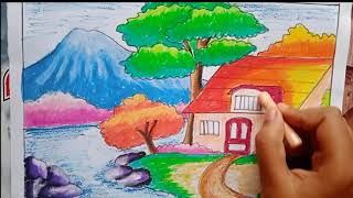 How to draw a beautiful Nature scenery with a river and mountain//oil pastle color drawing//