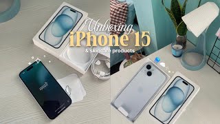 iPhone 15 ☁️( Blue, 256 GB ) Unboxing & Skincare Products 🧴🫐