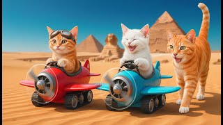 Mama Cat Takes Kittens to the Desert and Lets Them Fly Toy Planes Near the Pyramids 🐾✈️🏜️