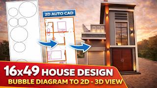Diagram to 2D Plan to 3D House Design | 16x49 East Facing House with Shop | AutoCAD + SketchUp