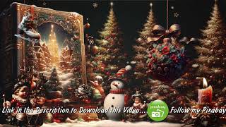 Free 4K Beautiful Christmas Scenery Background. Book, Snowman, Ornaments, Snowing, Trees, Stars,