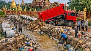COMPLETE100% In The Flooded Village Area by Bulldozer Komat'su & 5-T Dump Truck OverloadingSoil