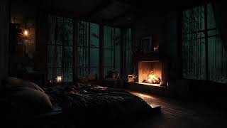 Rain falling gently around a quiet forest cabin with warm fireplace sounds through the night