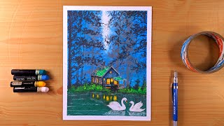 Oil Pastel Drawing for Beginners Forest Scenery | Cabin House & Lake with Swan