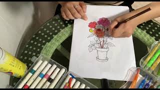 Hướng dẫn tô màu bức tranh chậu hoa hồng phần 2