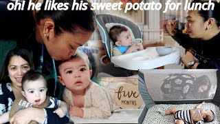 Everyday like day in our lives w|Lucas😁| He turns 5 mos old and he likes his sweet potato for lunch