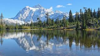 Relaxing Picture Lake & Mount Shuksan | Lapping Water & Bird Sounds in 4K