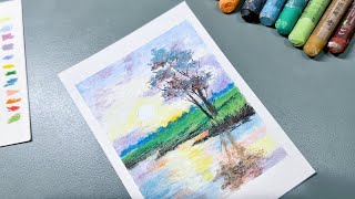 Oil pastel: landscape by the lake #oilpastel #art #howtodraw #painting #easydrawingforbeginners
