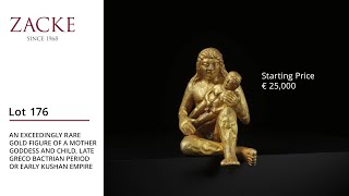 LOT 176: AN RARE GOLD MOTHER GODDESS AND CHILD FIGURE, LATE GRECO-BACTRIAN OR EARLY KUSHAN PERIOD.