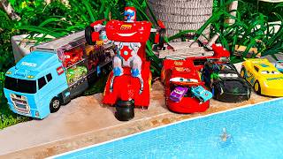 Disney Pixar Cars falling into deep pool, Lightning McQueen, Tow Mater, Mack, Sally, Francesco