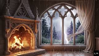 UHD | Gothic Fireplace & Storm Sounds 🔥 Cold Rain, Thunder & Lightning | Cozy Dark Academia Ambience