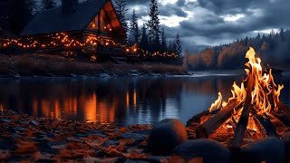 Cloudy Afternoon in a Forest Cabin | Crackling Campfire by the River for Relaxation (ASMR)