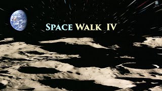 FLIGHT OVER THE MOON IV. Lunar surface, mountains, craters, seas of solidified lava. Space walk