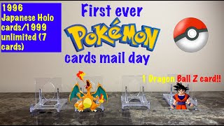 7 Pokemon cards mail day!!! 1996 Japanese Holo cards, 1999 Topps and Unlimited, Plus 1 Dragon Ball Z
