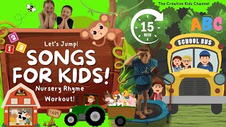 Trampoline workout for Kids! 15 min. of fun! Wheels on the bus, Old Macdonald had a farm and more!